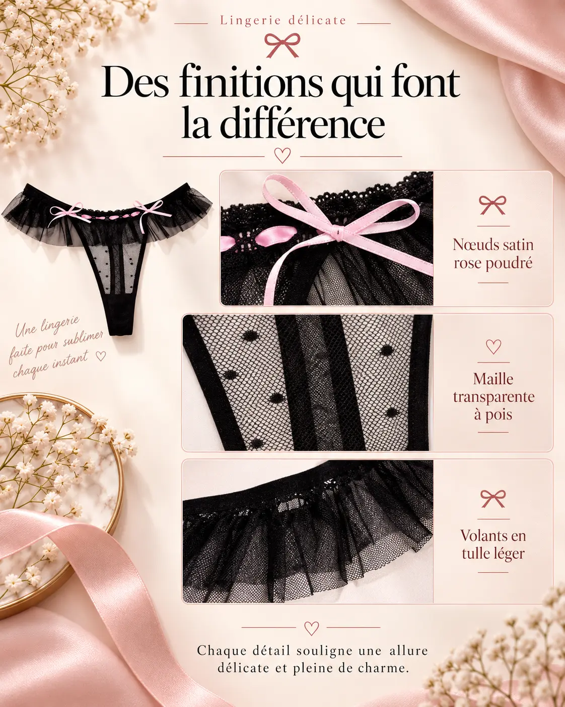 Détails du Petit Nœud Innocente : nœuds satinés rose poudré, maille à pois et volants en tulle