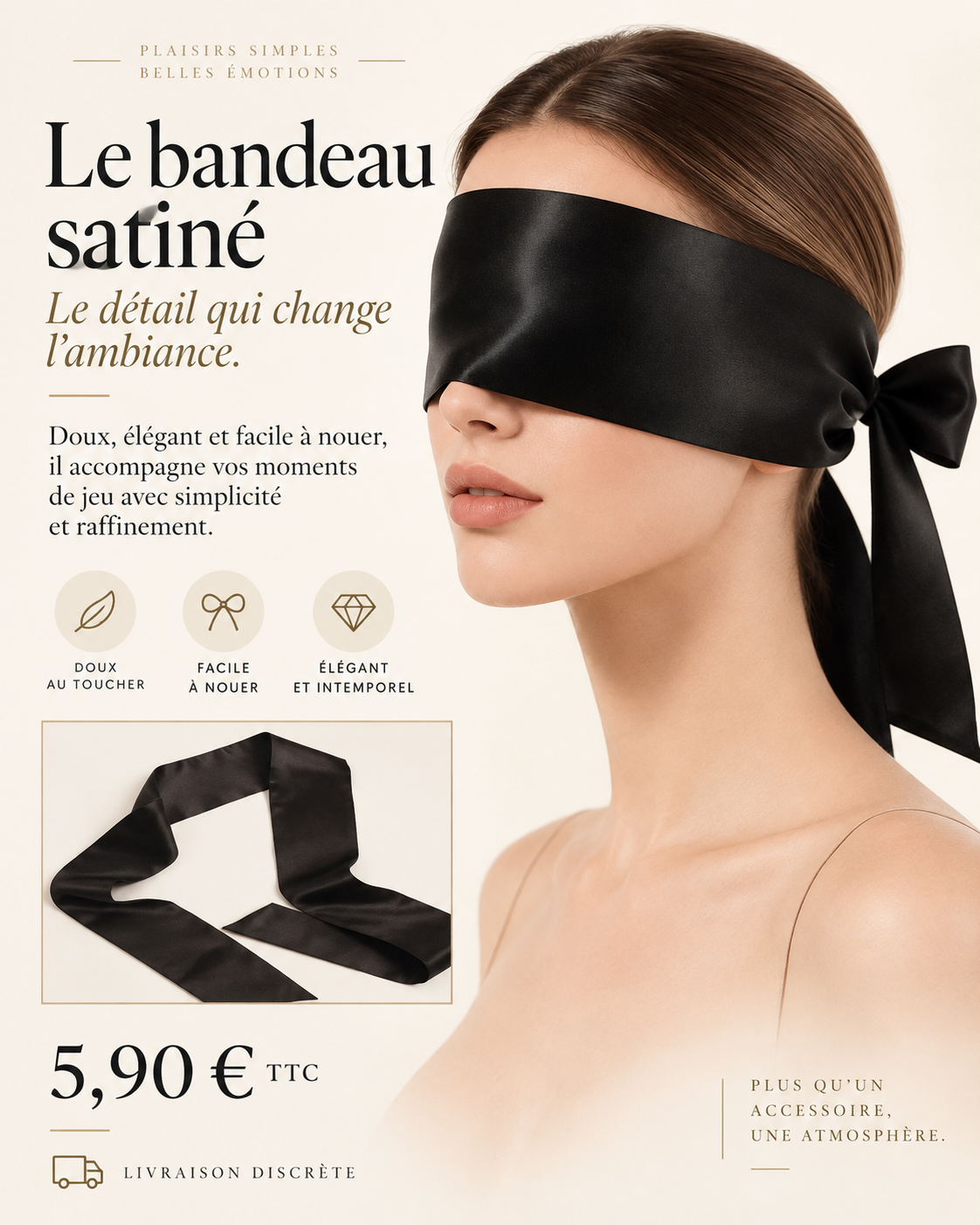 Le Bandeau Satiné Innocente porté, ruban noir satiné noué à l'arrière