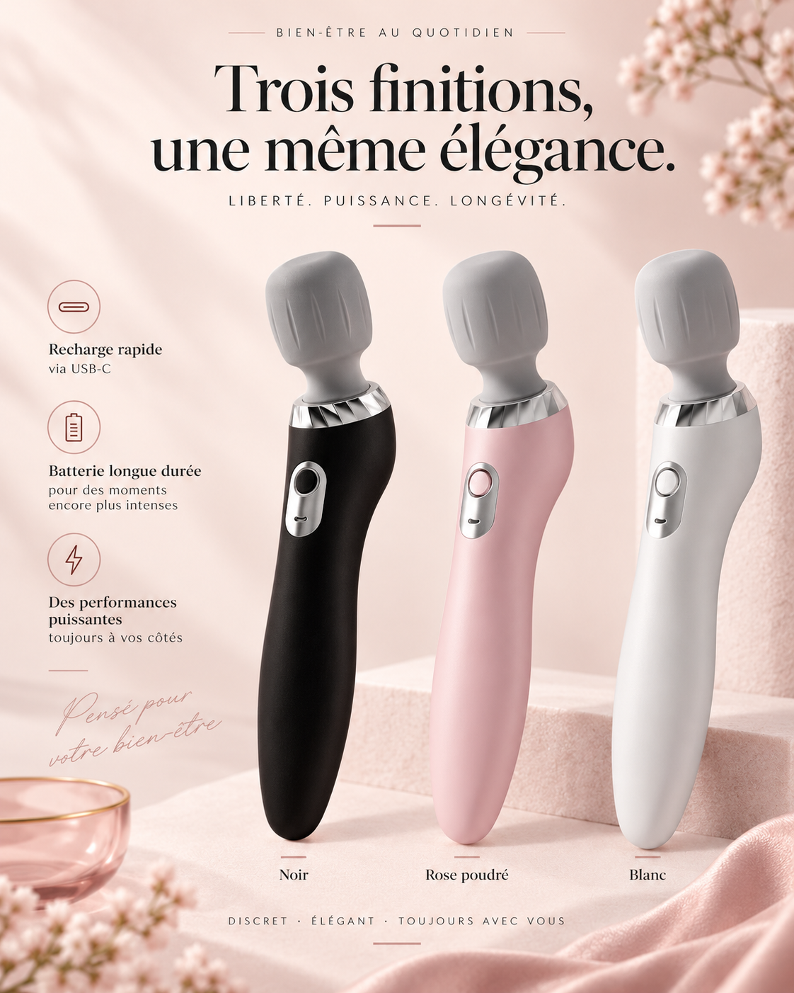 Le Masseur Signature Innocente en trois finitions : noir, rose poudré et blanc