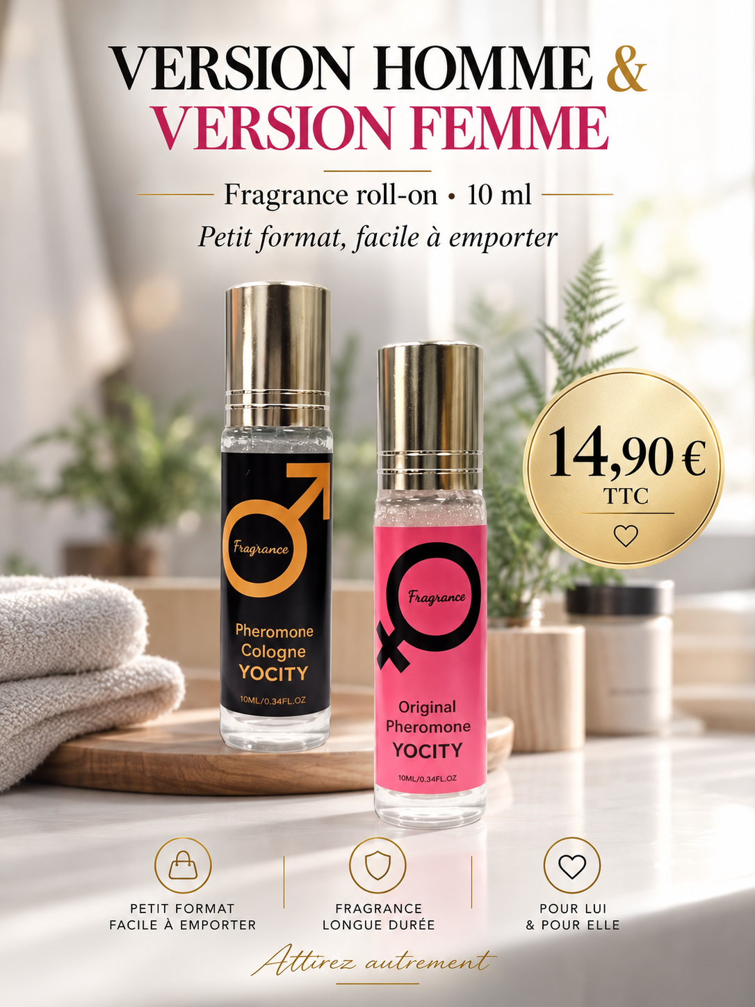 Les deux versions du roll-on parfumé YOCITY 10 ml, Homme et Femme