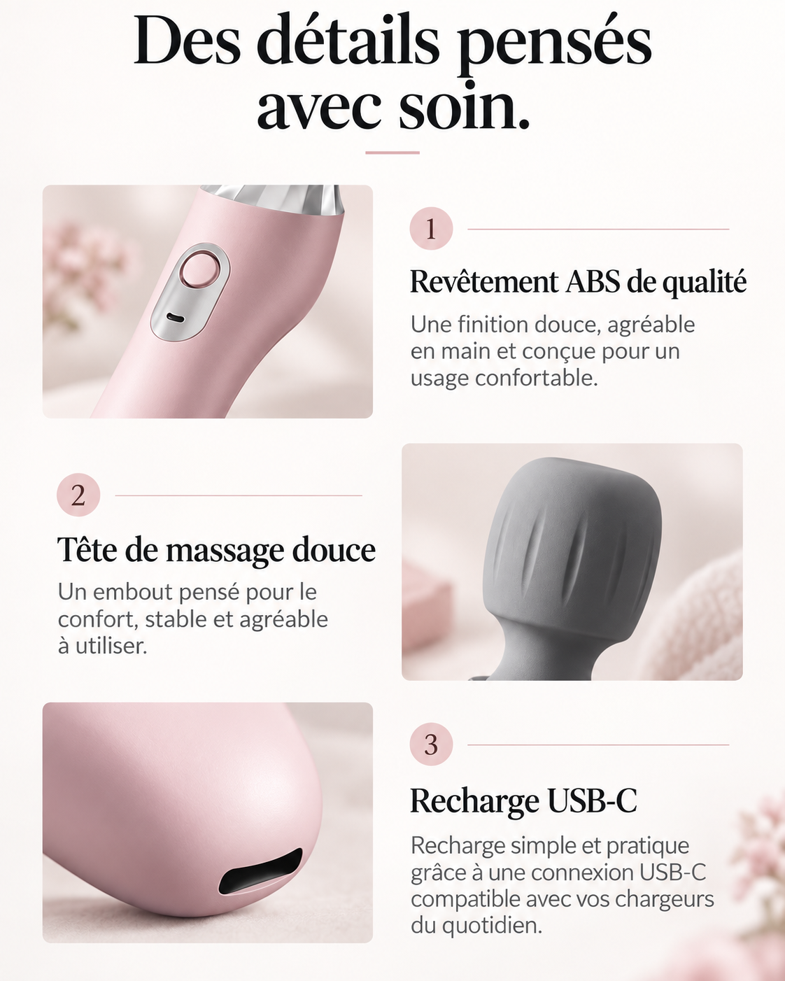 Détails du Masseur Signature Innocente : revêtement, tête de massage et port USB-C