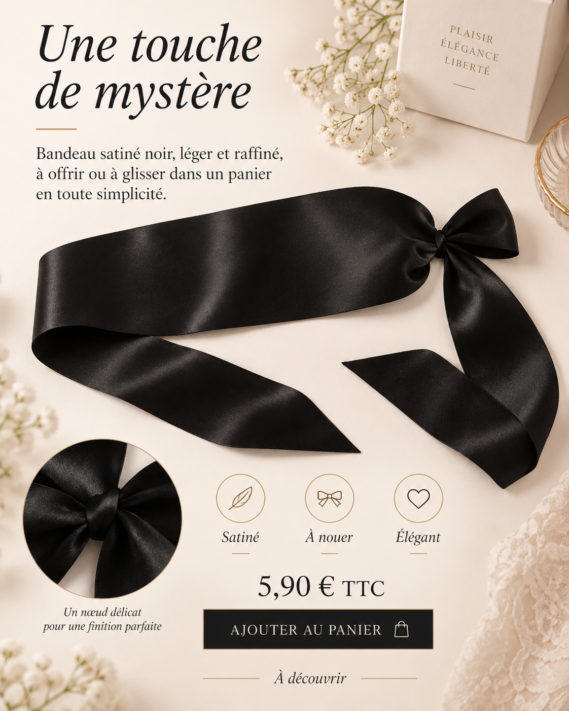 Le Bandeau Satiné Innocente, ruban noir satiné à nouer, 5,90 € TTC